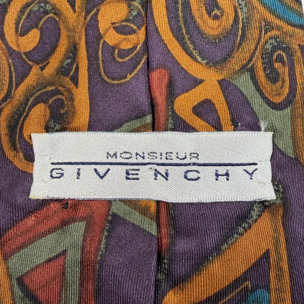 Vintage Monsieur Givenchy Silk Necktie Geometric Abstract Teal Purple Orange EUC